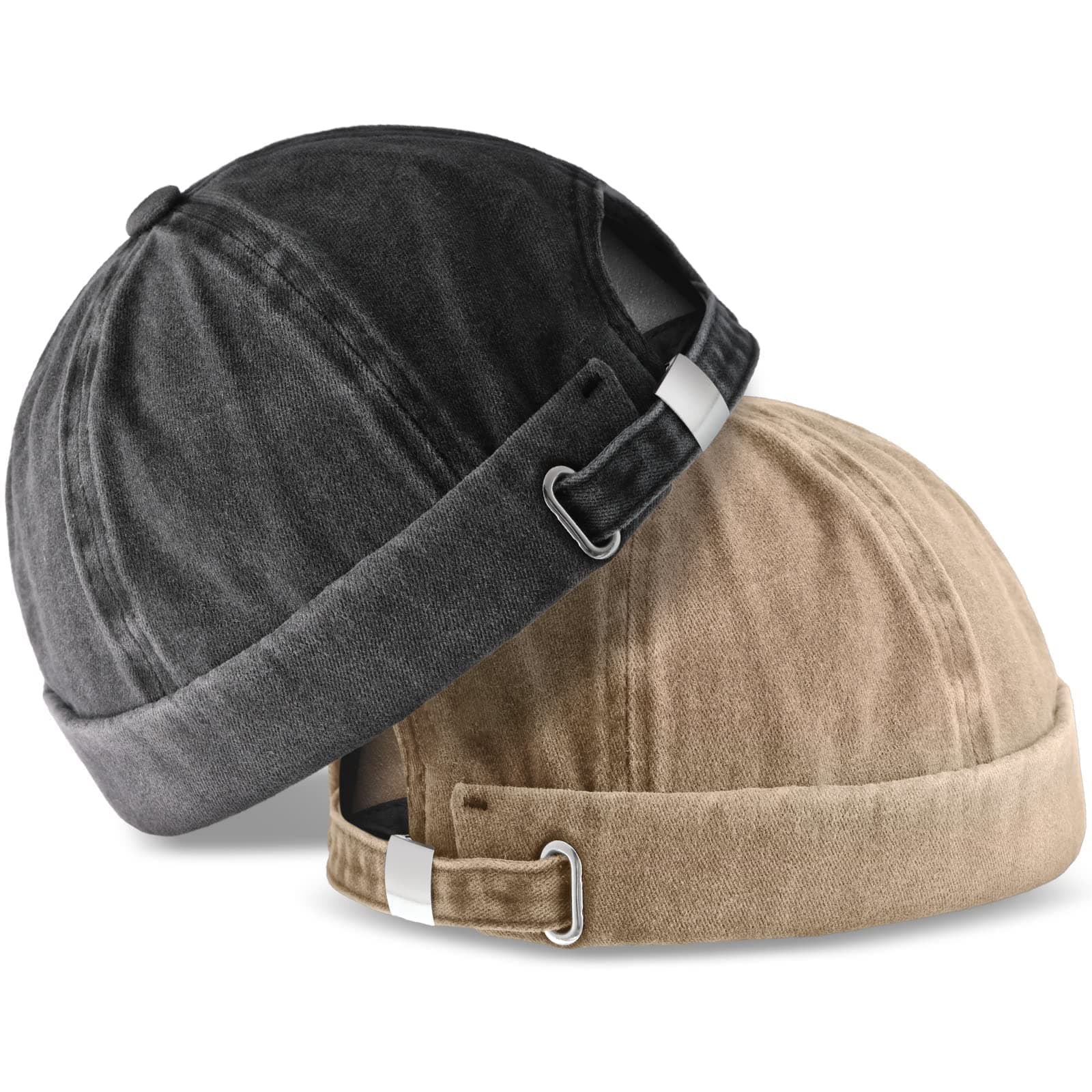 – 2 PCS Brimless Hats for Men Adjustable Docker Hat Casual No Brim Hat Visor-Less Flip Hats Sailor Skullcap Leather Buckle Street Casual Docker Beanie Skull Caps, One Size