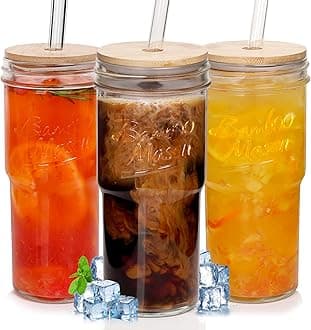 ANOTION Glass Cups with Lids and Straws, 24 oz Travel Coffee Mug Wide Mouth Mason Jar Iced Coffee Cup Smoothie Cup Glass Tumbler Tea Cup Clear Cups Cute Water Cups Drinking Glasses 3 Packs