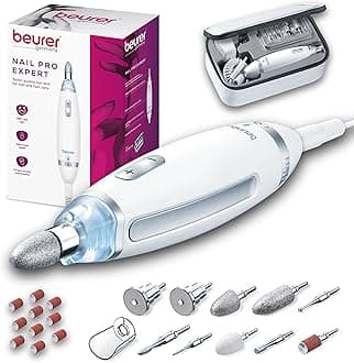 Beurer MP62 Professional Nail Drill Kit, Portable Electric File Machine with 10 Attachments & 10 Sanding Bands, Efile Dremel for Acrylic Gel Manicure and Pedicure, LED Light, with Storage Case