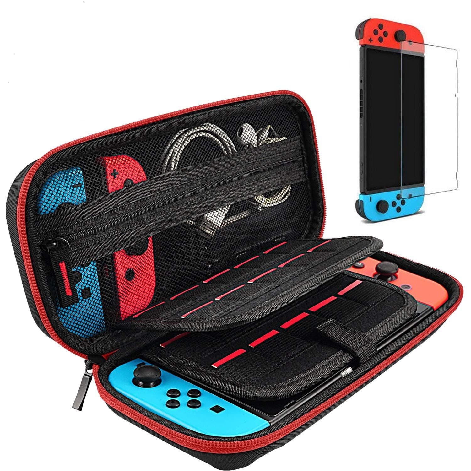 Switch Case and Tempered Glass Screen Protector Compatible with Nintendo Switch - Deluxe Hard Shell Travel Carrying Case, Pouch for Nintendo Switch Console & Accessories, Streak Red