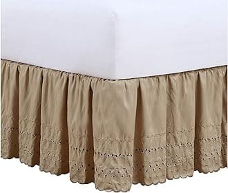 FRESH IDEAS Eyelet Bed Skirt Dust Ruffle Embroidered Details, Classic 14” Drop Length Gathered Styling, Queen, Mocha