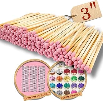 500 Count - 3" Long Pink Color Matches | Three Inch Coloful Loose Wooden Safety Match Sticks for Candle Display | Refill Decorative Jar Holder Bottle | Striker Includedf