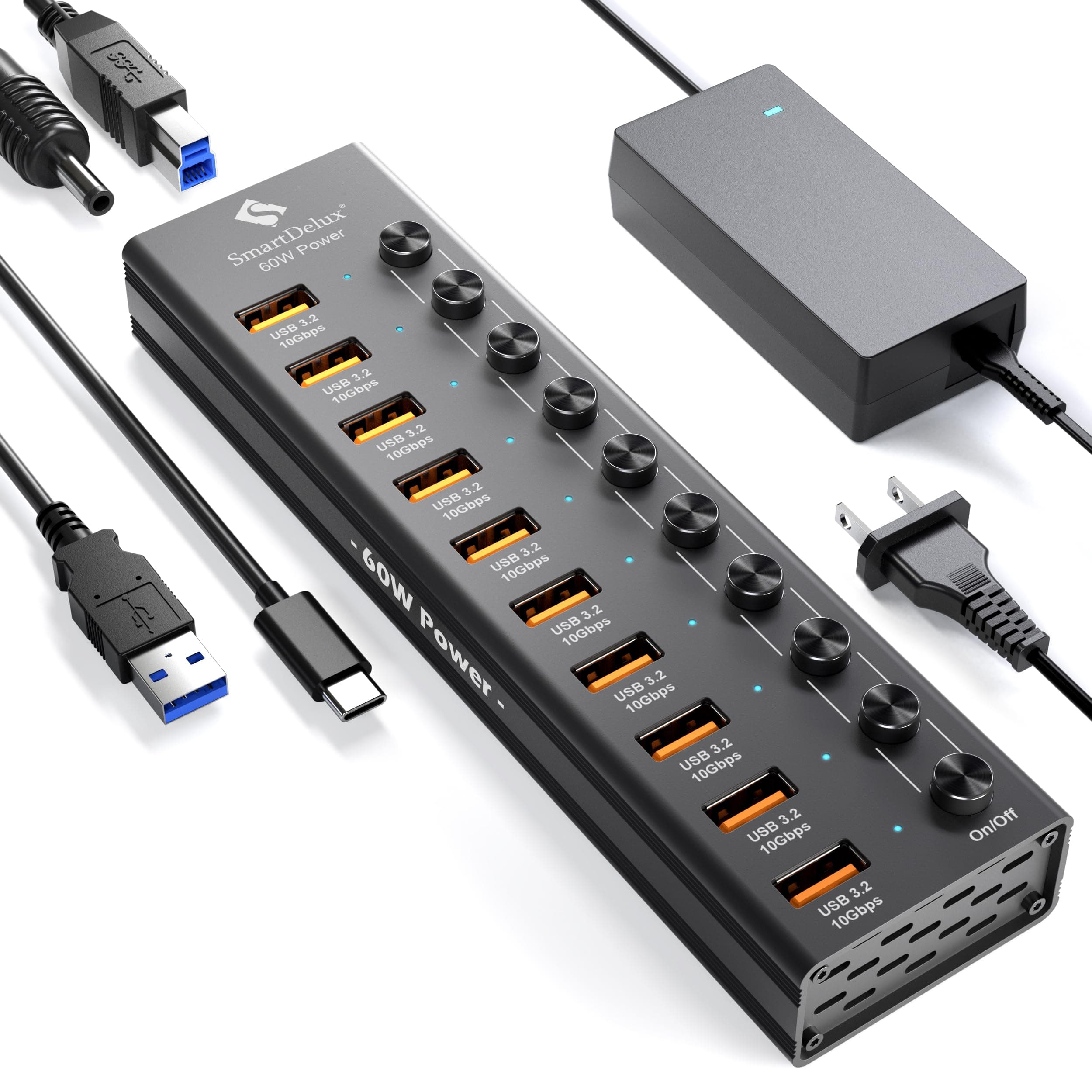 Powered USB 3.2 to Type-A, Type-C Hub, SmartDelux 10Gbps 10 Port Adapter, Individual LED Switches end High-Speed Data Transfer, Power Adapter 60W, USB Extension for Laptop, Flash Drive, PC and More