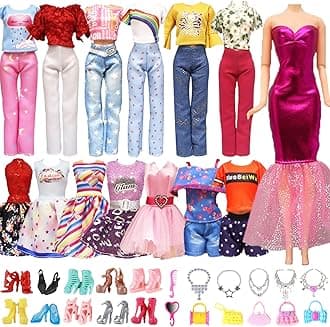 28 PCS Handmade Doll Clothes and Accessories for Barbie Including 1 Fashion Dress 2 Party Dress 3 Outfits Tops and Pants 10 Pair of Shoes 12 Accessories in Random for 11.5 Inch Dolls