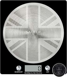 Salter 1036 UJBKDR Electronic Kitchen Scale - Digital Weigh Scale, Union Jack Design Spun Stainless Steel Disc Platform, LCD Display, 5kg Capacity, Battery Included, Add & Weigh/Tare, Measure Liquids