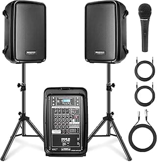 Pyle PA Speaker DJ Mixer Bundle - 300 W Portable Wireless Bluetooth Sound System w/ USB SD XLR 1/4" RCA Inputs - Dual Speaker, Mixer, Microphone, Stand, Cable - Home/Outdoor Party - PPHP28AMX,Black