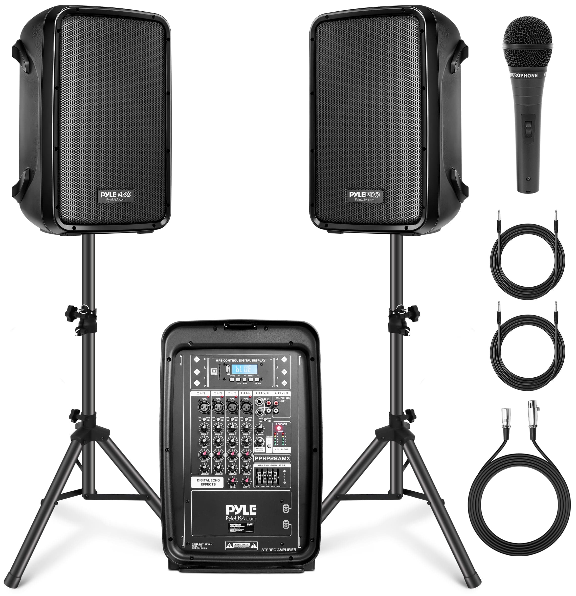 PA Speaker DJ Mixer Bundle - 300 W Portable Wireless Bluetooth Sound System w/ USB SD XLR 1/4" RCA Inputs - Dual Speaker, Mixer, Microphone, Stand, Cable - Home/Outdoor Party - PPHP28AMX,Black