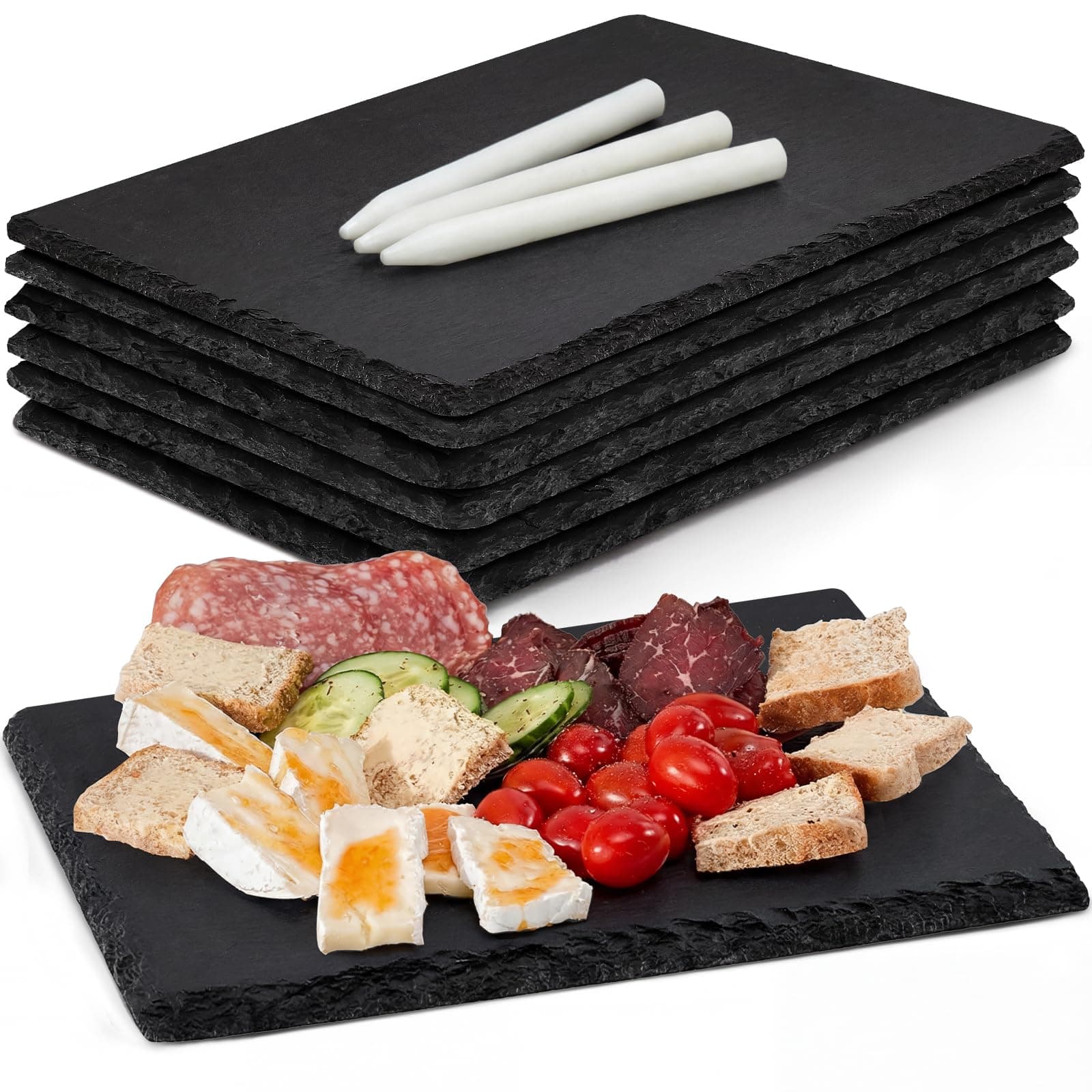 Slate Cheese Boards, 6 Pack 8.8 x 6” Mini Slate Charcuterie Boards Stone Cutting Plates Serving Tray Black Platter for Sushi, Party, Wedding, Housewarming Gifts, Christmas