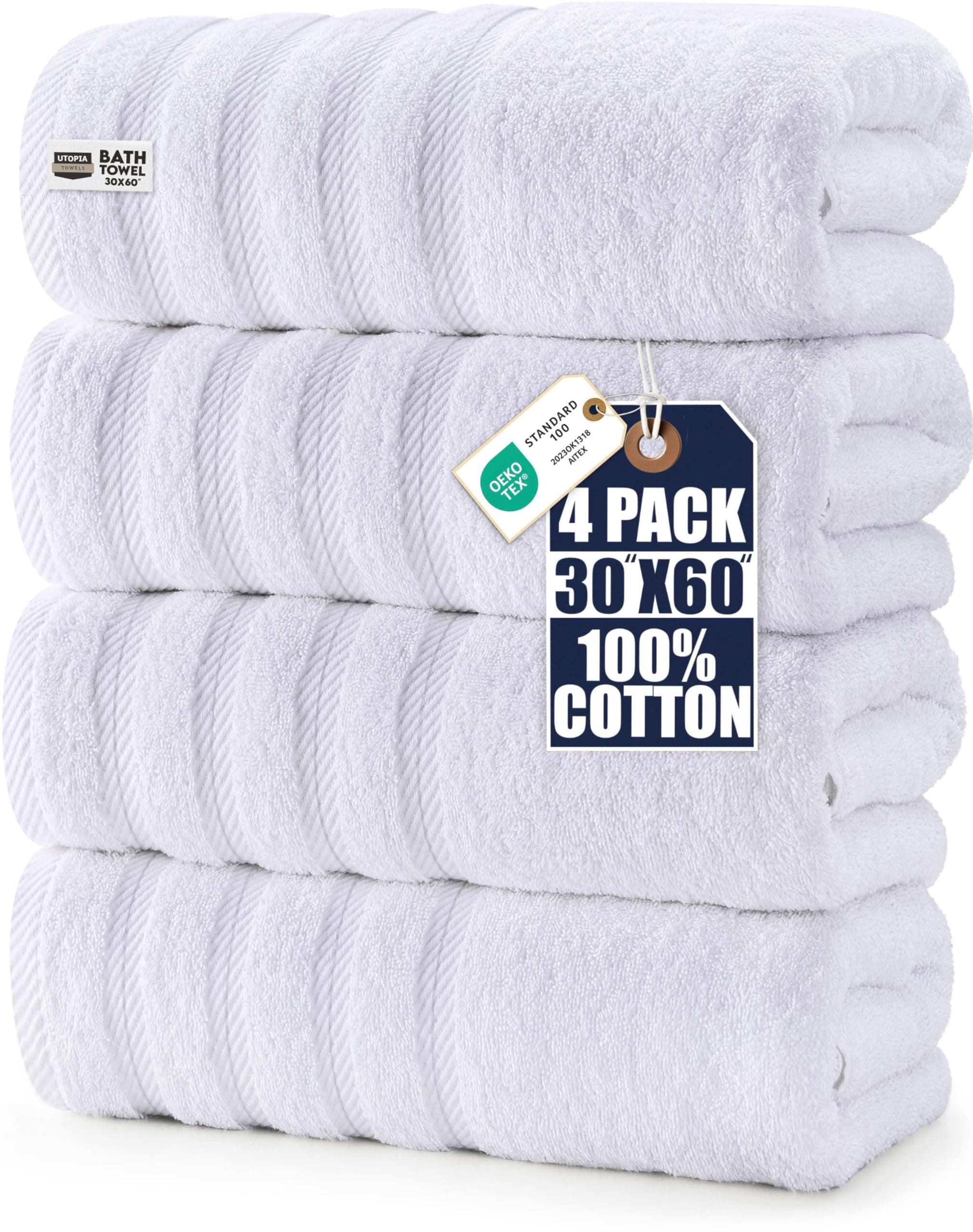 Utopia Towels 4 Pack Premium Extra Large Bath Towels Set, (30 x 60 Inches) 100% Ring Spun Cotton, Lightweight and Highly Absorbent Quick Drying Towels, Perfect for Daily Use (White)