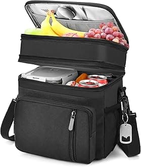 Lunch Bag for Women/Men-Insulated Lunch Bag with Bottle Opener-Expandable Double Cooler Bag, Adult Lunch Box with Adjustable Shoulder Strap-Large Lunch Tote Bag for Work/Picnic/Beach- (Black)