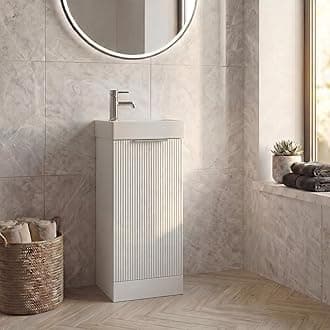 Fluted 400mm Bathroom Vanity Unit Ceramic Wash Sink, Cloakroom Storage Furniture Under Basin Cabinet Floorstanding Cupboard, Matt White