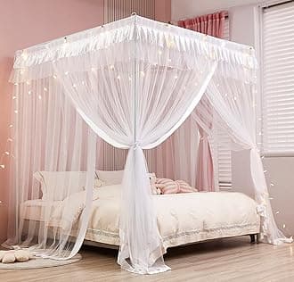 Mengersi (Twin, White) - Princess 4 Corners Post Bed Curtain Canopy Mosquito Netting (White, Twin)