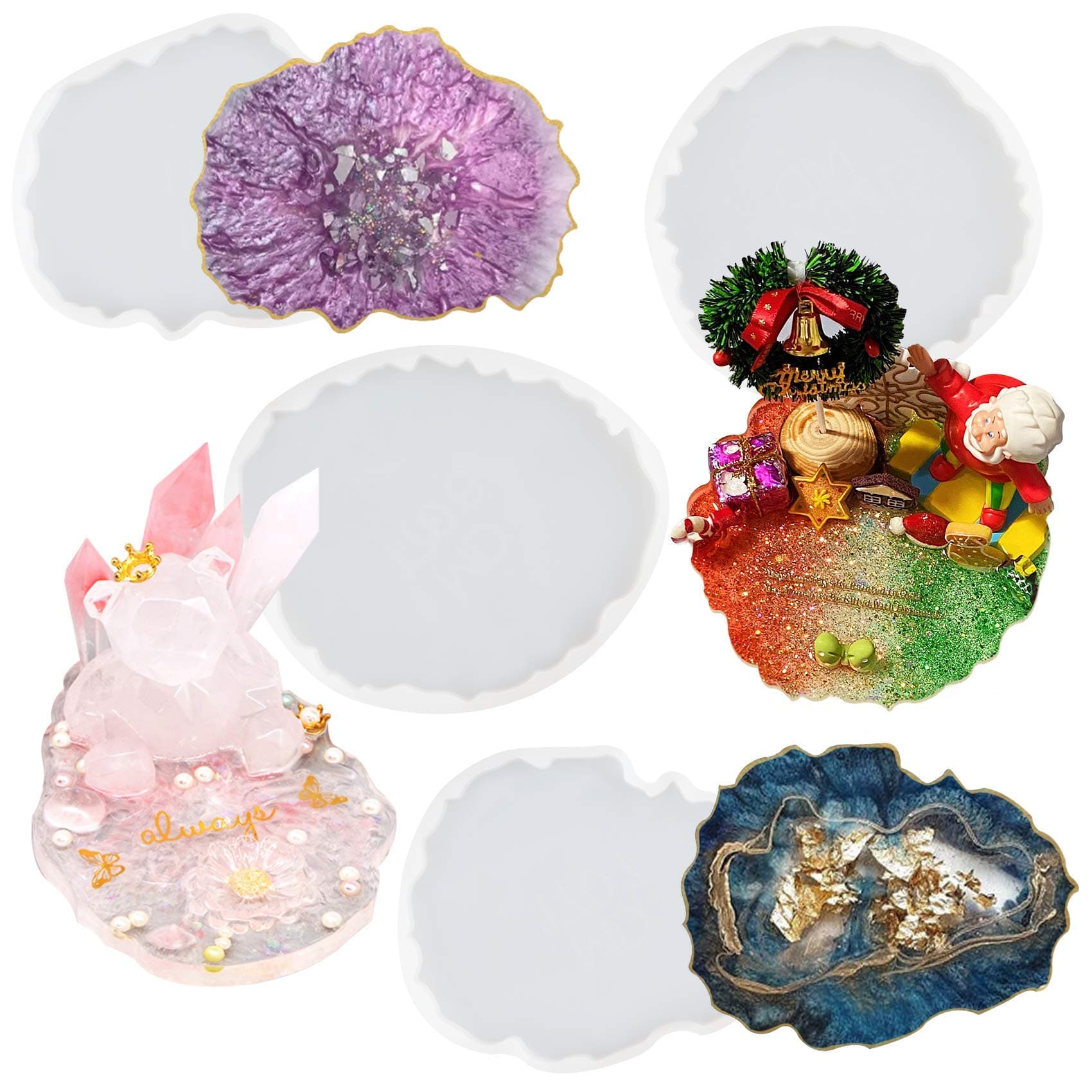 Agate Coaster Resin Silicone Moulds Set Irregular Geode Slice, Cup Mat, Phone Holder, Jewellery Casting Polymer Clay Concrete Cement 4-Count