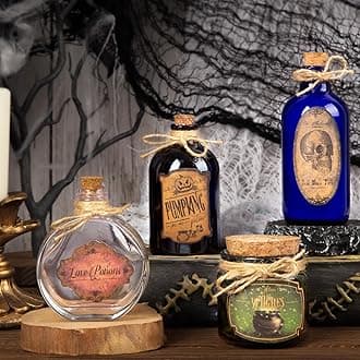 Potion Bottles Halloween Decoration, Set of 4 Glass Potion Bottles with Corks and 10 Halloween Bottle labels, Halloween Tiered Tray Decor, Halloween Decorations Indoor
