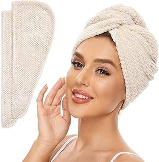 2 Pack Microfiber Hair Towel Wrap for Women, Anti Frizz Quick Drying Hair Turban for All Hair Style, Absorbent and Lightweight (Beige)