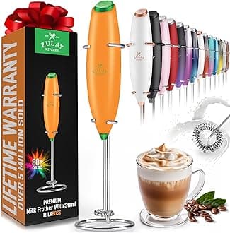 Zulay Powerful Milk Frother Handheld Foam Maker for Lattes - Whisk Drink Mixer for Coffee, Mini Foamer for Cappuccino, Frappe, Matcha, Hot Chocolate by Milk Boss (Orange/Green)