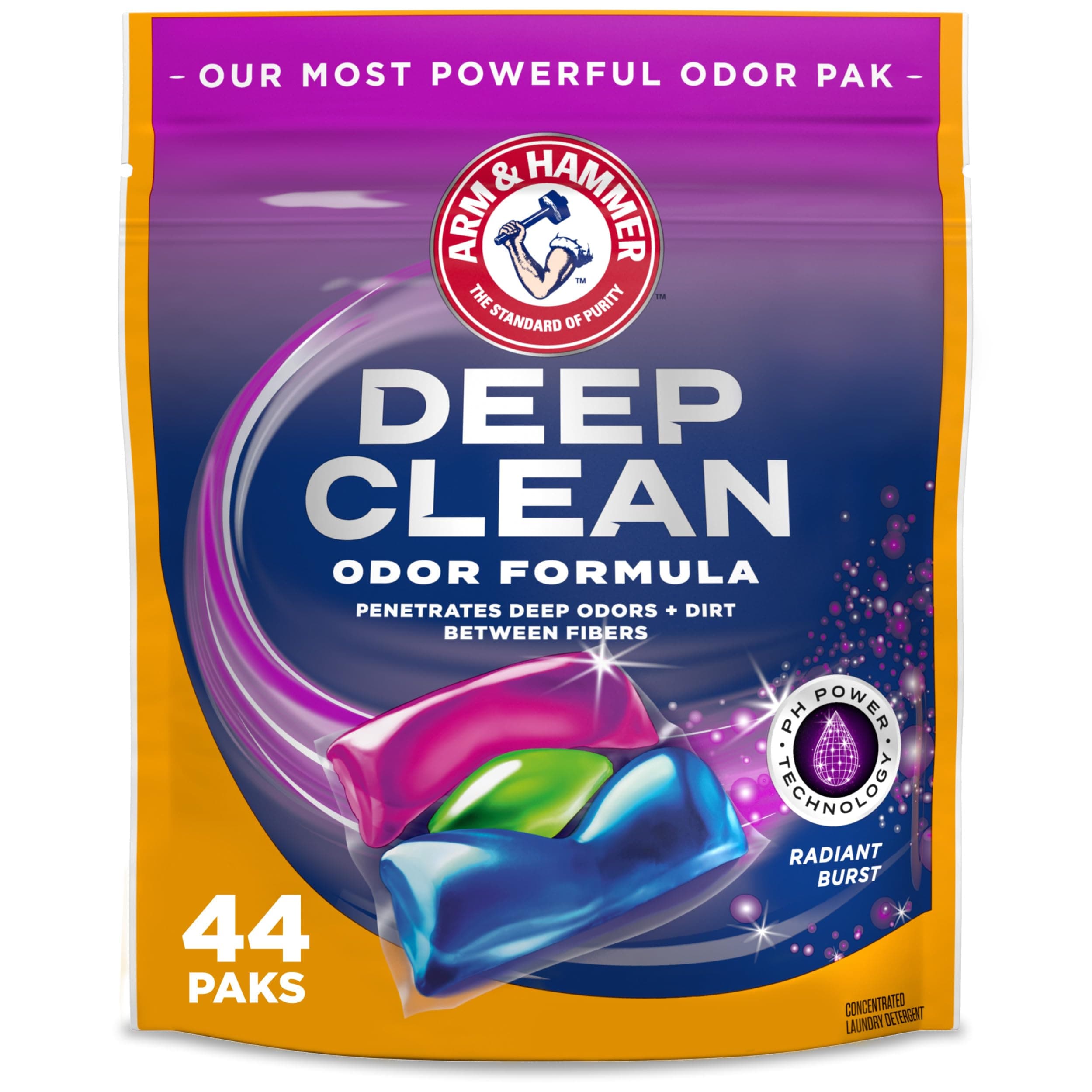 Deep Clean Odor Formula Laundry Detergent Power Paks, Laundry Odor Remover, Radiant Burst Scent, 44 Count, 44 Loads