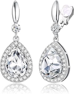 THUNARAZElegant Clip on Earrings for Women Sparkling Teardrop Dangle Clip Earrings Non-Pierced Rhinestone Cubic Zirconia Wedding Prom Jewelry 14K Gold and Silver Tone