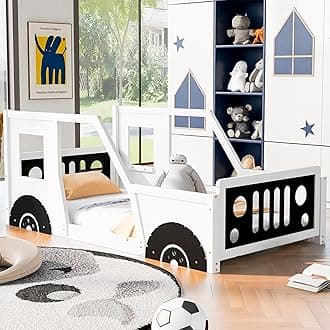 Twin Size Car Bed, Wood Floor Bed Frame with Headboard & Footboard and 4 Side Rails, Kids Racecar Bed for Boys Girls Teens, White