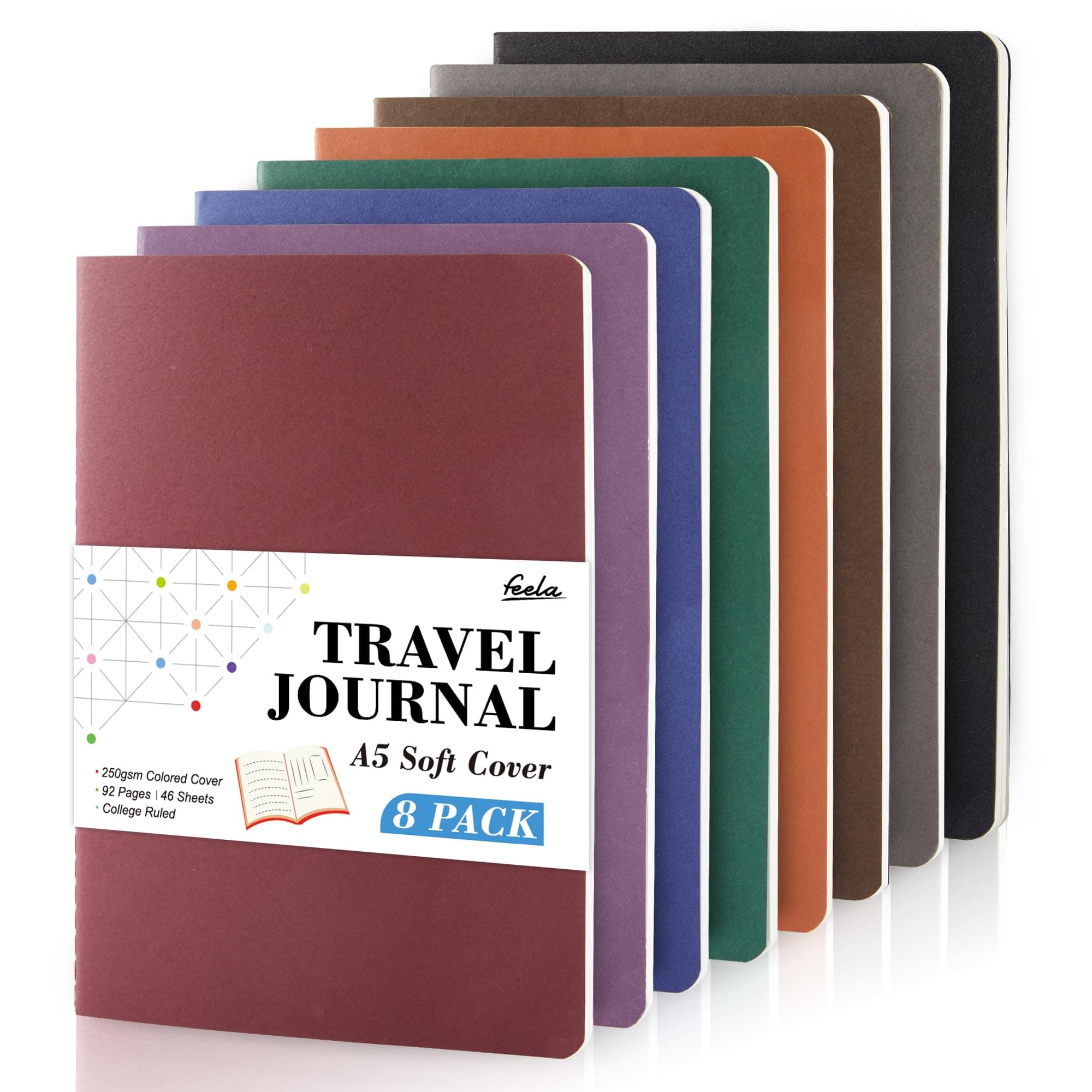 Feela 8 Pack Soft Cover Notebooks A5 Lined, Journal Notebooks College Ruled, Lined Travel Journal for Women Men, Note Taking Study Notepad School Supplies, Exercise Writing Note Books, Vintage Colours