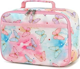 LEDAOULEDAOU Lunch Bag Kids Insulated Lunch Box Girls Insulated Reusable Lunch Bag for School Picnic Hiking Work(Butterflies 14 Pink), M