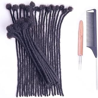 ADIASAI 0.4cm Width 12 Inch 100 Strands 100% Human Hair Loc Extensions, Full Handmade Dreadlock Extensions for Men Women Kids Can Be Dyed and Bleached with Needle and Comb Unprocessed Natural Black