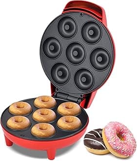 Courant Mini Donut Maker Machine for Holiday, Kid-Friendly, Breakfast or Snack, Desserts & More with Non-stick Surface, Makes 7 Doughnuts, Red