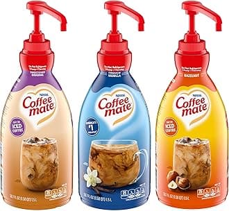 Nestle Coffee mate Liquid Concentrate 1.5 Liter Pump Bottles, 3 Flavors Sweetened Original, French Vanilla & Hazelnut (Pack of 3)