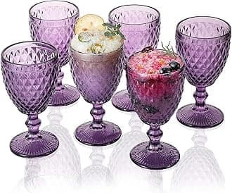 Purple Goblet Colored Glassware 10 oz, Hobnail Set of 6 Water Goblets Vintage Glassware Embossed with Diamond Pattern for Iced Tea Beverage for Party and Wedding, Gifts for Women