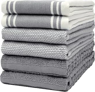 Premium Kitchen Towels (20”x 28”, 50 x 70 cm, 6 Pack) – Large Cotton Kitchen Hand Towels – Vintage Striped Flat & Terry Towel – Highly Absorbent Tea Towels Set With Hanging Loop – Grey