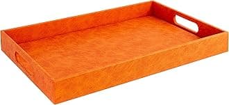 Beautiful Modern Elegant 18"x12" Rectangle Orange Faux Leather Decorative Ottoman Coffee Table Perfume Living Room Kitchen Serving Tray with Handles for All Occasion's