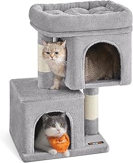 Feandrea Cat Tree, 26.4-Inch Cat Tower, Plush Condo for Kittens up to 7 lb, Large Perch, 2 Caves, Scratching Post, Light Gray UPCT611W01