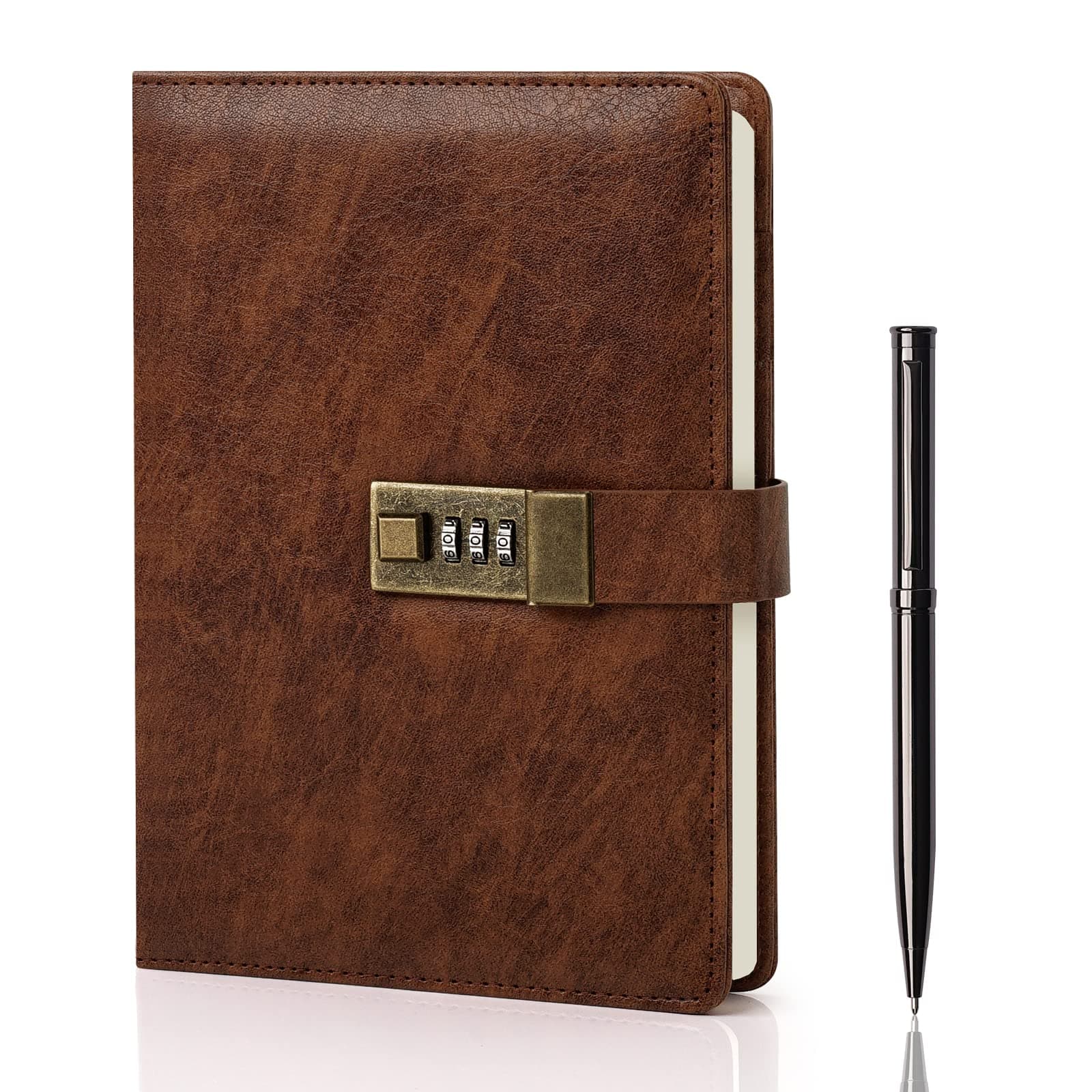 WEMATE Diary with Lock, A5 PU Leather Journal with Lock 240 Pages, Vintage Locks Journal Password Notebook with Pen, Locks Diary Planner Organizer for Men and Women, 8.6x5.8in Brown
