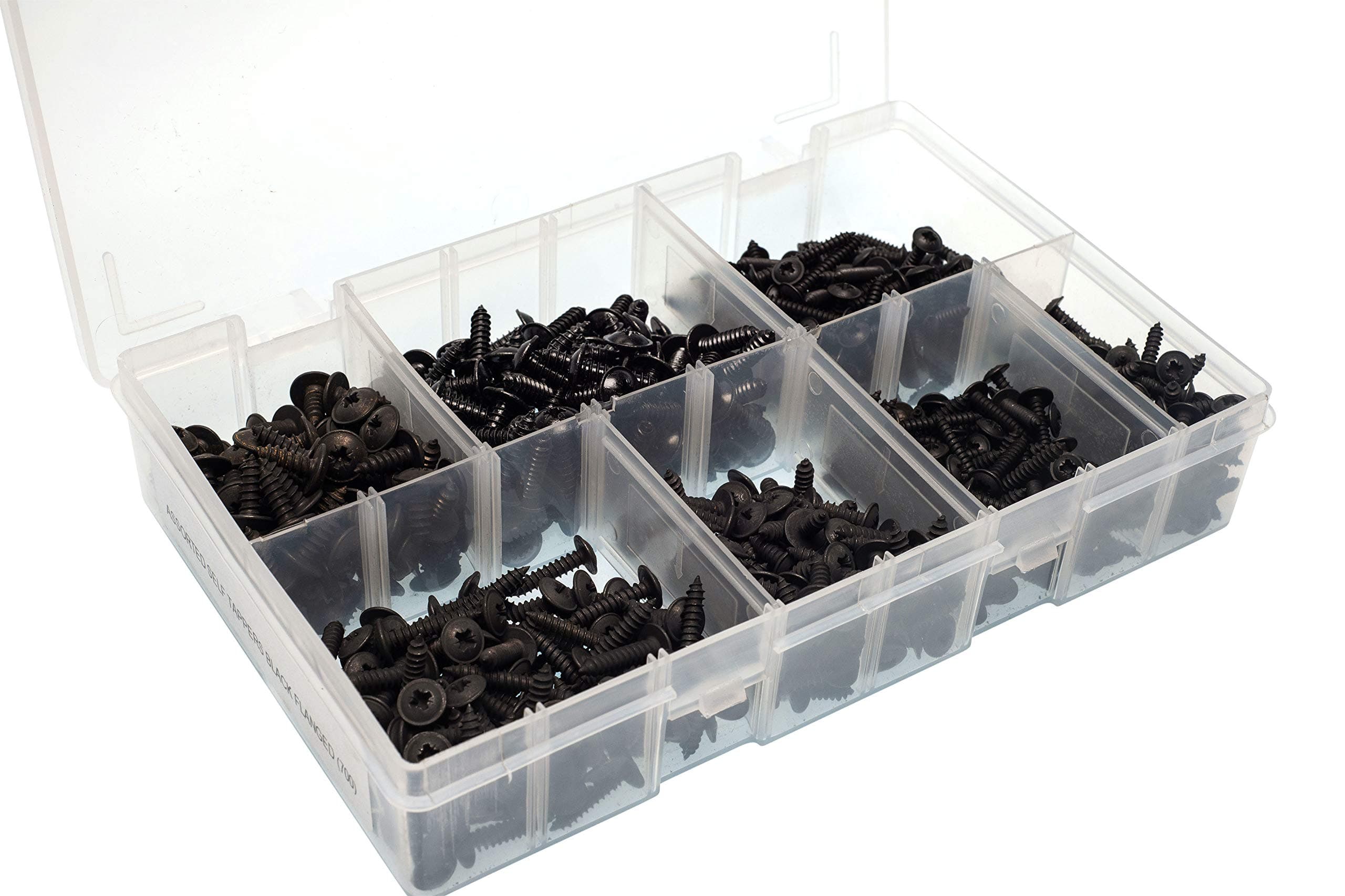 GTSE Assorted 700 Pcs Self-Tapping Screws, Black, Flanged (6-10 Gauge), Assorted Kit with Clear Box
