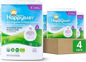 Happy Baby Organics Stage 1 A2 Infant Formula, 0 12 Months, Milk Based Organic Baby Formula Powder with A2 Milk, Probiotics & Prebiotics for Immune & Digestive Support, 22.9 Ounce (Pack of 4)