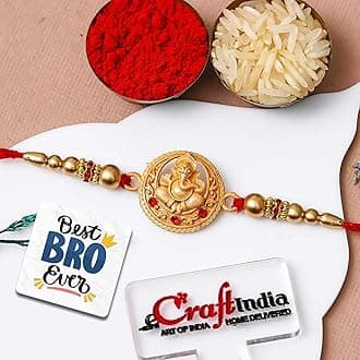 eCraftIndia Golden Blessing Lord Ganesha Designer Rakhi for Brother with Gift Combo Set | Raksha Bandhan Rakhi for Bhai Bhaiya Kids Boy | Best Bro Ever Fridge Magnet | Roli Chawal Pack