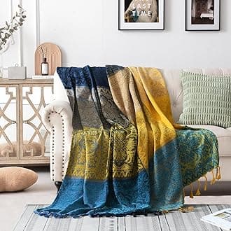 Bohemian Throw Blanket for Couch，Colorful Chenille Tassels Boho Woven Hippie Throw Blankets for Couch Bed Sofa Chair Recliner Loveseat, Bohemian Fringe Tassels Decor Home(Blue, S:60x75)