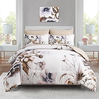 Floral Comforter Set Queen Size 7 Piece, Beige Flower Bed in a Bag, Elegant Floral Comforter with Sheet Set, Soft Microfiber Bedding Set for All Season (Beige, 90"x90")