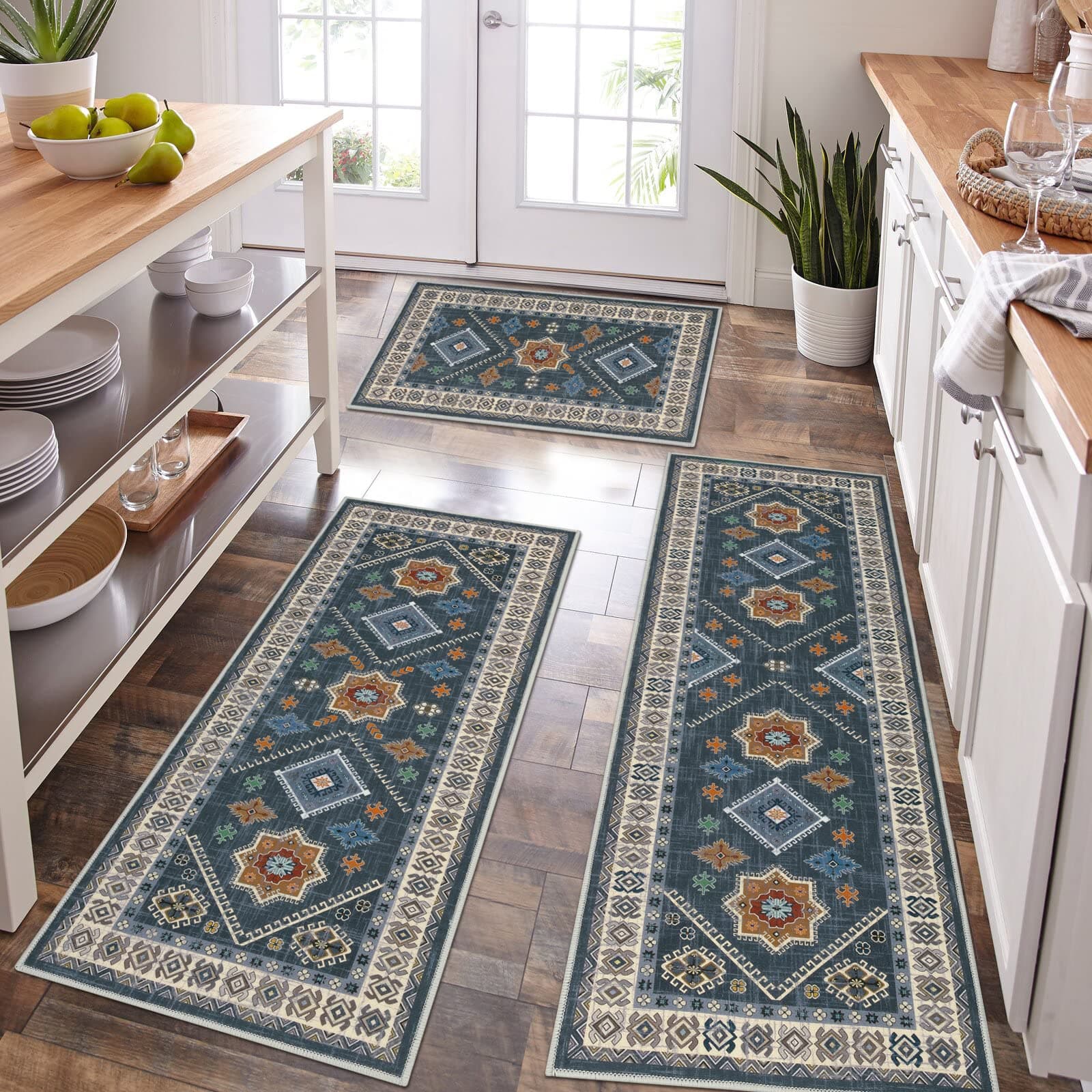 HEBE Boho Kitchen Rug Sets 3 Piece with Runner Non Slip Kitchen Rugs and Mats Washable Kitchen Mats for Floor Thick Kitchen Floor Mat Carpet Runner Rugs for Hallway Laundry Holiday Decor