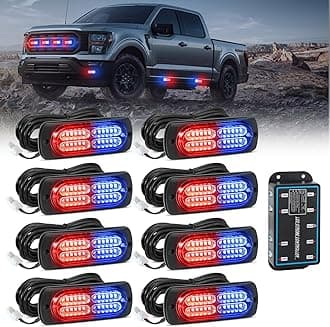 AnTom 8pcs Emergency Strobe Lights for Trucks, Sync Feature Vehicles Grille Surface Mount 24-LED Flashing Hazard Warning Light Kit with Controller and Wiring Harness, No additional wiring required