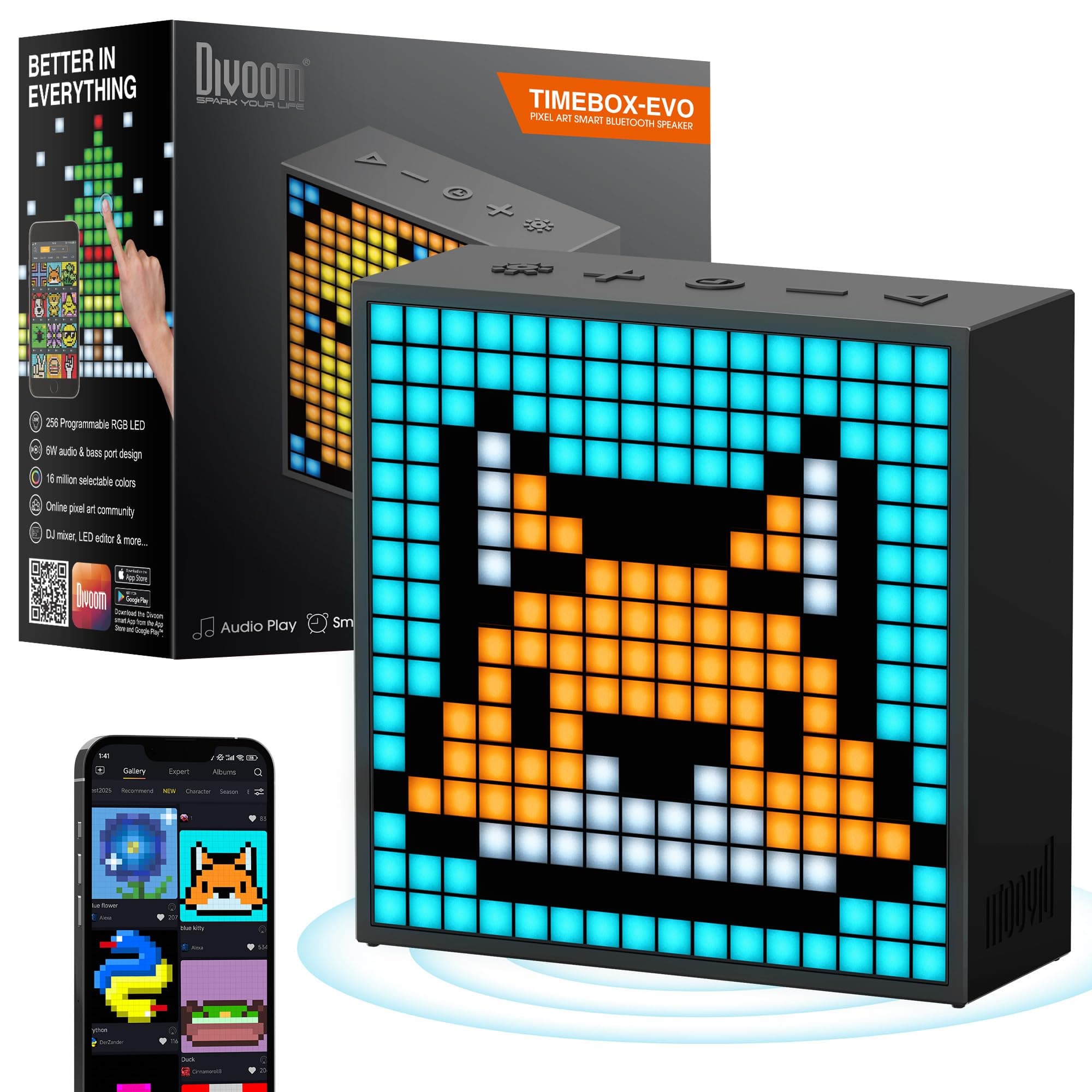 Divoom TimeBox Evo -- Pixel Art Bluetooth Speaker with 16x16 LED Display APP Control - Cool Animation Frame & Gaming Room Setup & Bedside Alarm Clock- Black