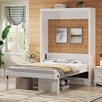 Modern Full Size Murphy Bed with 2 Drawers, Space Saving Wall Bed Foldable into Wardrobe, Solid Pine Wood Frame, No Box Spring Needed, Beige