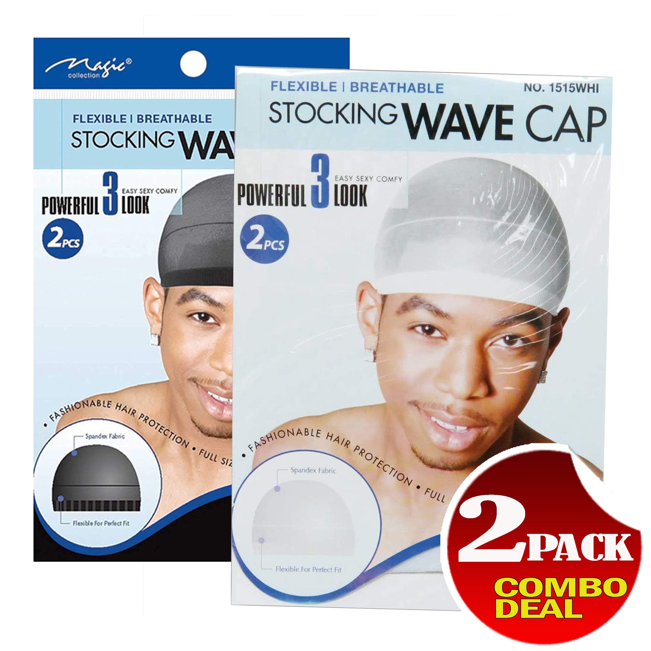 MAGIC Stocking Wave Cap Pack Hair Du Rag - 1 Black and 1 White, Spandex Fabric, Flexible, Breathable, one Size, Comfortable, Wig, Hair Extensions, Wig Cap, Stays on Your Head