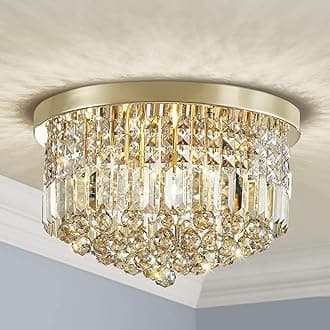 Saint Mossi 9 Light Modern K9 Crystal Raindrop Chandelier Lighting, Flush Mount, Perfect for Dining Room Bedroom; E12 Bulb Base; Height 11" x Diameter 20"; Champagne Crystal & Gold Finish