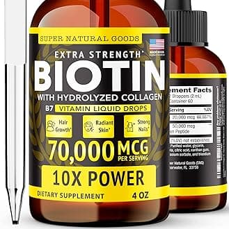 Super Natural Goods Liquid Biotin & Collagen 70,000mcg Hair Growth Vitamin Drops - Radiant Skin, Strong Nail Support - High Potency Hair Loss Supplement for Damaged Strands, for Men & Women (4oz)
