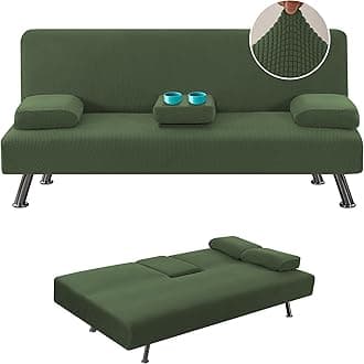H.VERSAILTEX 4 Pieces Stretch Futon Covers Sofa Bed Slipcover with Removable Armrests and Cupholders Covers Furniture Protector High Spandex Small Checks Jacquard Fabric, Bronze Green