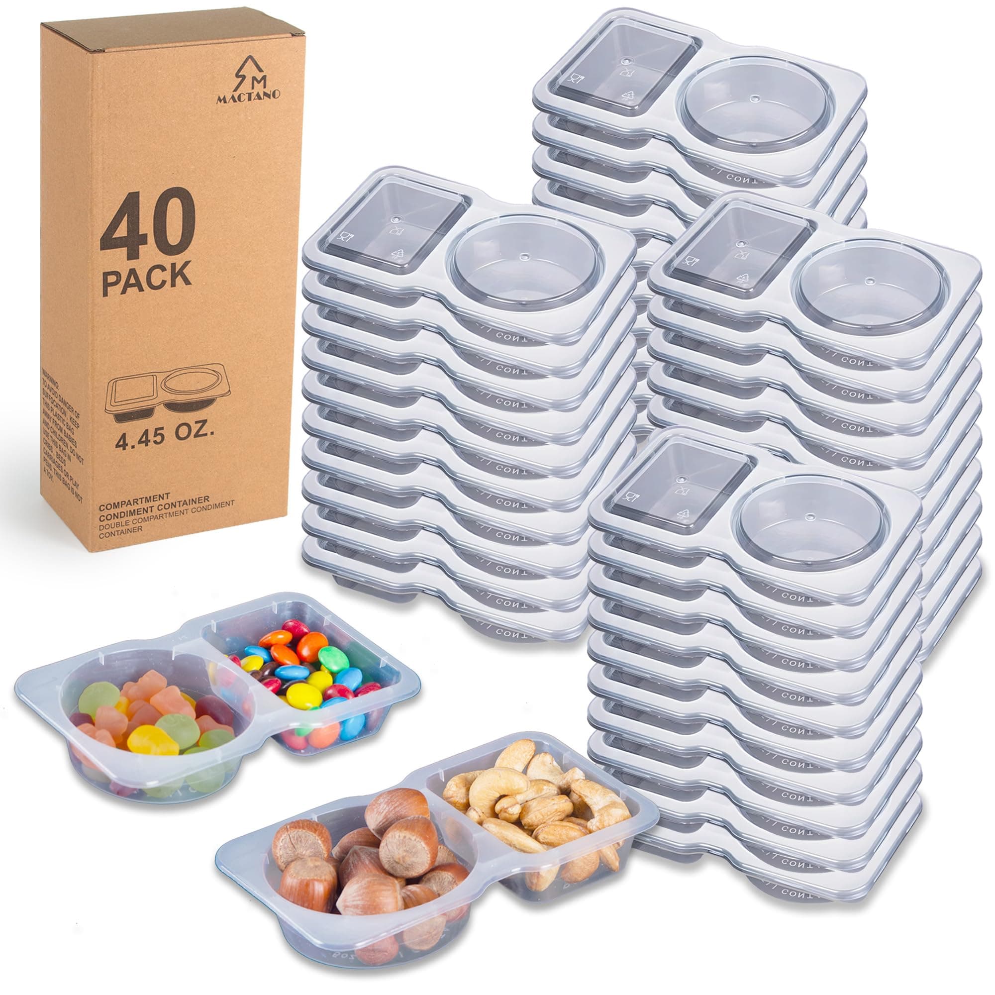 MACTANO 40 Sets Condiment Container with Lid, Disposable Double Compartment Plastic Container for Sauce Snack