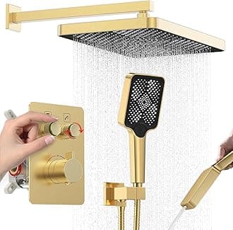 Iriber Thermostatic Shower System Wall Mount with Adjustable Water Flow Push Button Diverter,13 Inch Gold Rectangle Rainfall Shower Head and Handheld,Brushed Gold