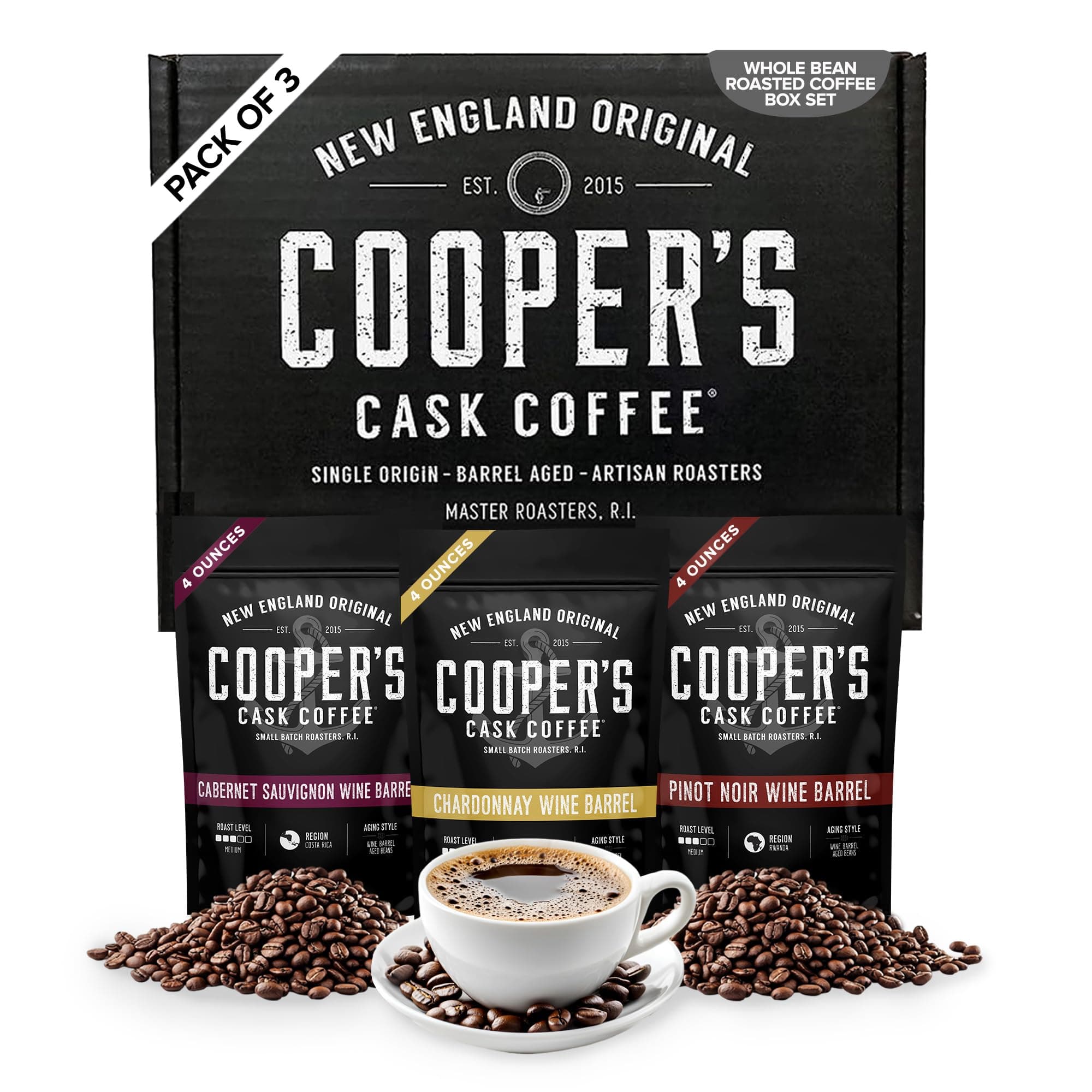 Wine Barrel Aged Coffee Gift Box Set, Sampler Roasted Coffee Costa Rica, Kenya, & Rwanda Beans Aged In Cabernet Sauvignon, Chardonnay, & Pinot Noir Wine Barrels, Medium Roast Whole Bean, 4 oz Bags, 12 oz Total