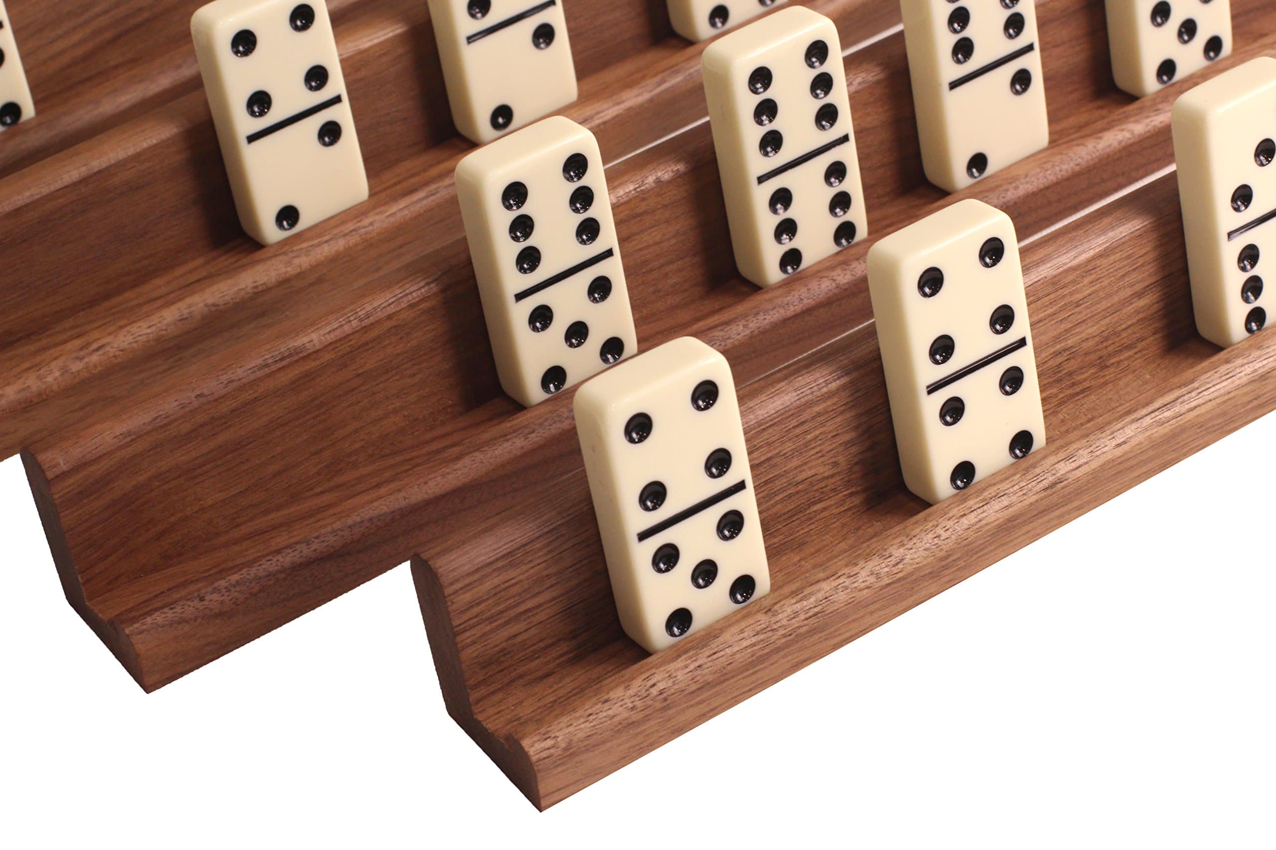 Easy-View Domino Racks for Maximum Visibility and Ease in organizing Your Hand. Solid American Black Walnut